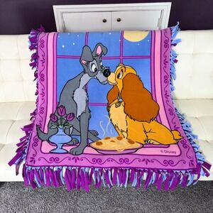 Vintage Disney Lady and the Tramp Blanket Fleece Fringe Purple‎ Pink 37 x 50.5